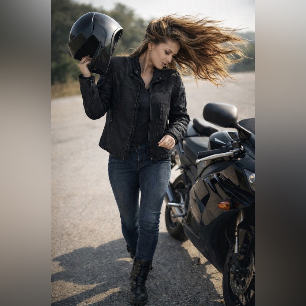Screaming Eagle by Harley Davidson Women’s Black Biker Jacket, Leather Accents
